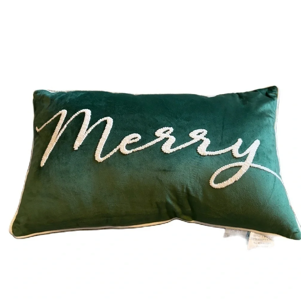 Merry Green Rectangular Christmas Throw Pillow NEW Textured
